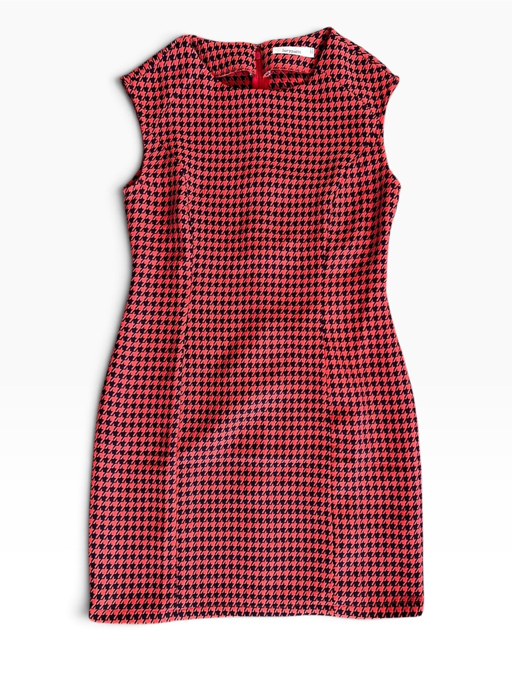 Lucy Paris Cap-Sleeve Red and Navy Houndstooth Dress Size Medium
